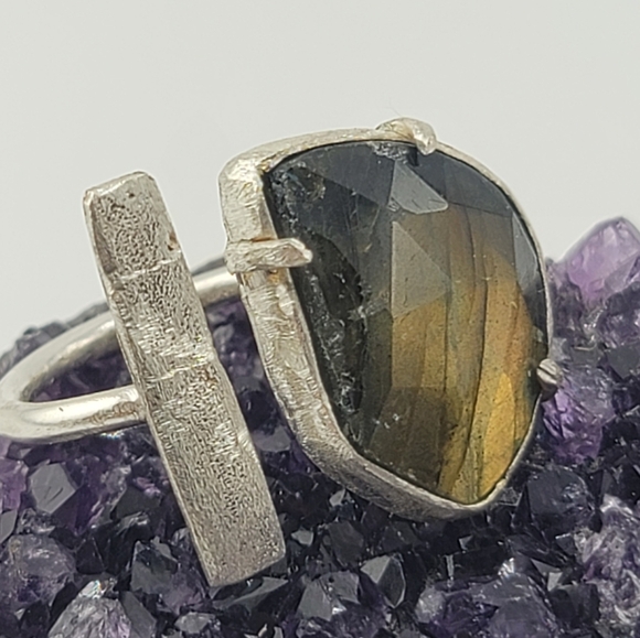 LABRADORITE ADJUSTABLE RING HANDMADE IN STERLING SILVER METAL - Picture 6 of 9